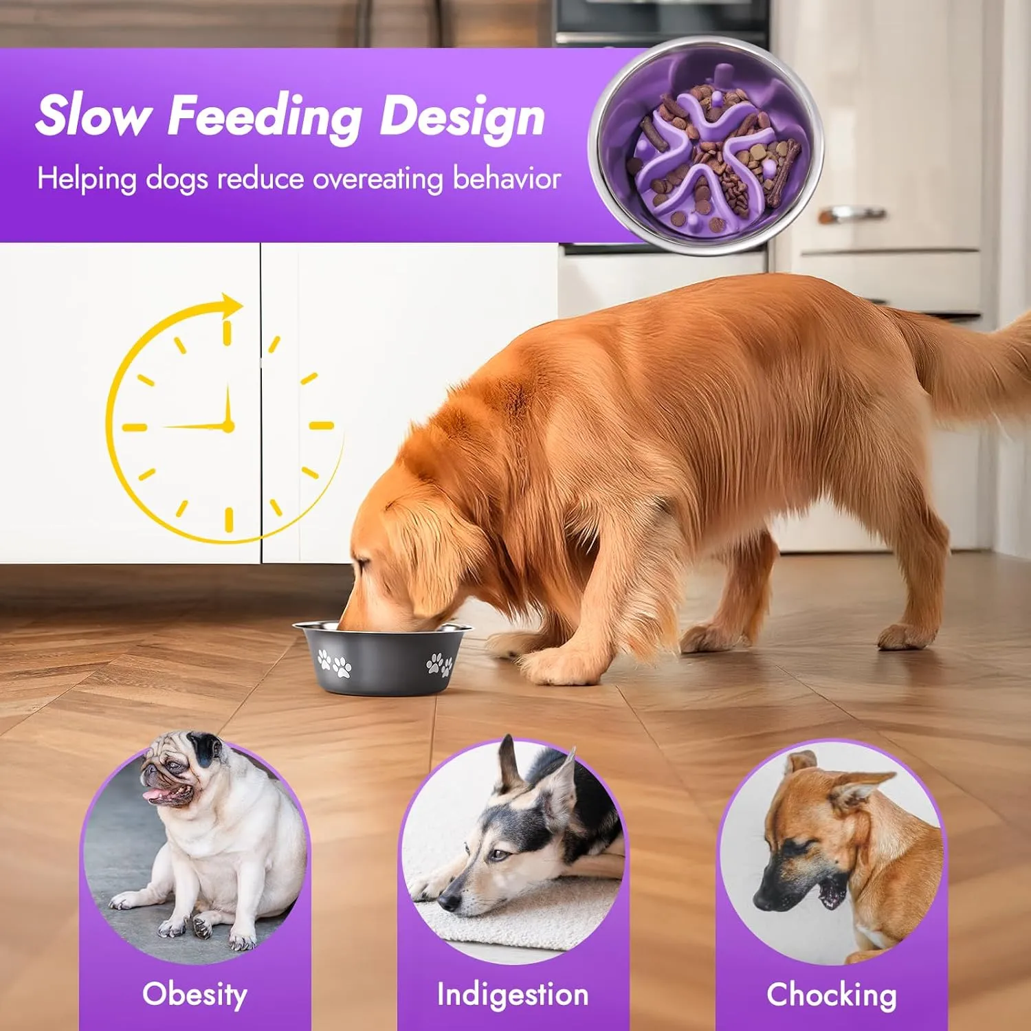 2-in-1 Stainless Steel Slow Feeder Dog Bowl,Silicone Slow Feeder Insert for Dog Bowl with Anti-Slip Base,Natural Rubber Tire Chew Toy(Grey,Large)