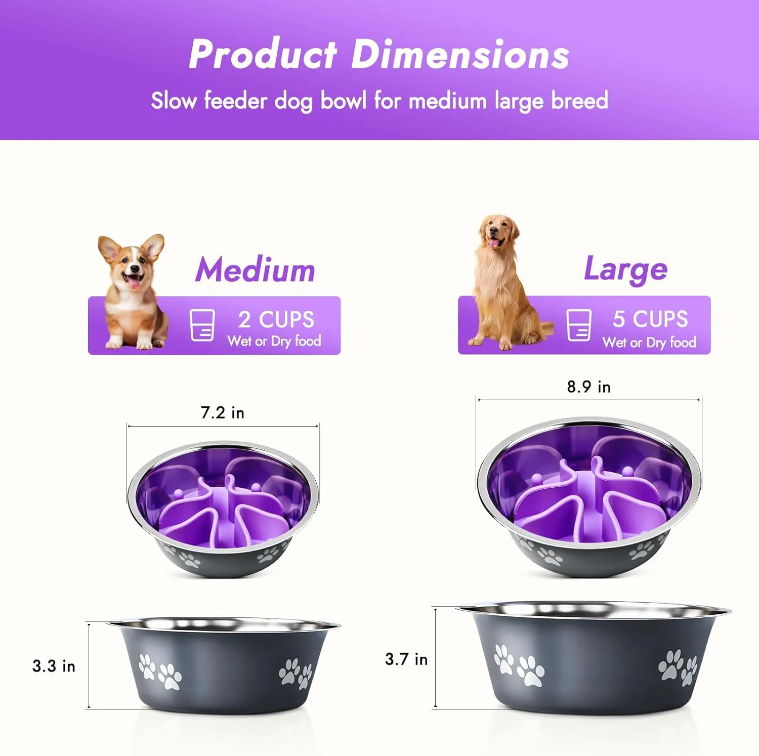 2-in-1 Stainless Steel Slow Feeder Dog Bowl,Silicone Slow Feeder Insert for Dog Bowl with Anti-Slip Base,Natural Rubber Tire Chew Toy(Grey,Large)