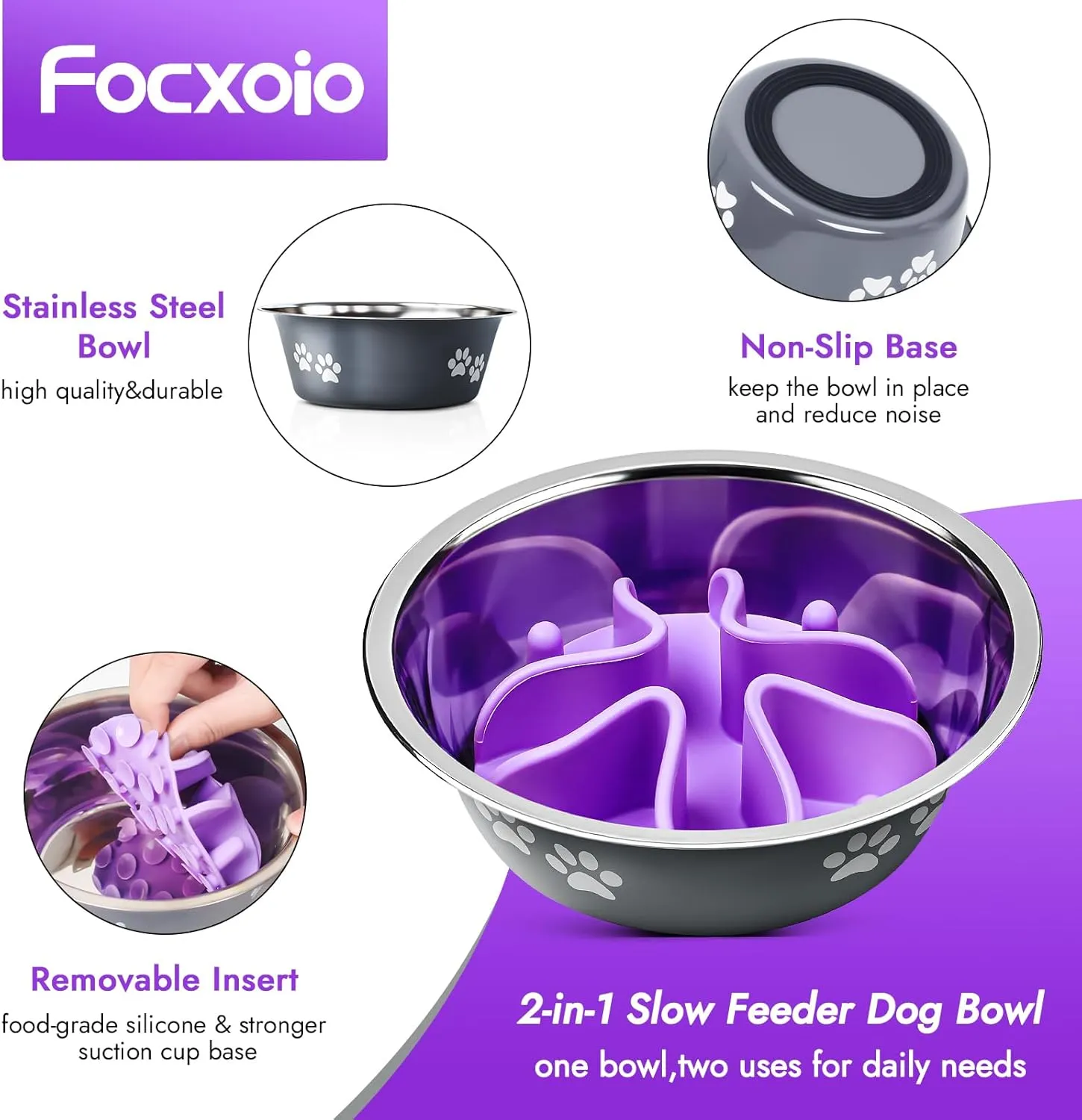 2-in-1 Stainless Steel Slow Feeder Dog Bowl,Silicone Slow Feeder Insert for Dog Bowl with Anti-Slip Base,Natural Rubber Tire Chew Toy(Grey,Large)