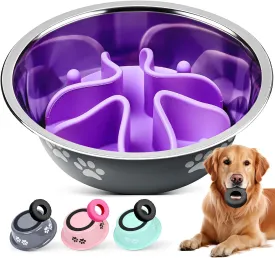 2-in-1 Stainless Steel Slow Feeder Dog Bowl,Silicone Slow Feeder Insert for Dog Bowl with Anti-Slip Base,Natural Rubber Tire Chew Toy(Grey,Large)