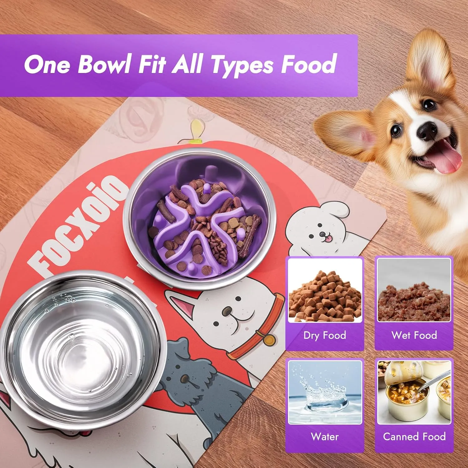 2-in-1 Stainless Steel Slow Feeder Dog Bowl,Silicone Slow Feeder Insert for Dog Bowl with Anti-Slip Base,Natural Rubber Tire Chew Toy(Grey,Large)
