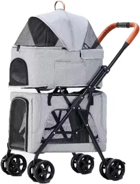2 layers pet stroller for dogs and cats,4 wheels pet pram cart with mesh window and door,foldable pet trolley with detachable cabin bag,swivel front wheel,rear wheel with foot brakes