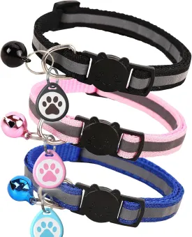 3 Pack/Upgraded Version - Reflective Cat Collar with Bell, Solid & Safe Collars for Cats, Nylon, Mixed Colors, Pet Collar, Breakaway Cat Collar Charms, QR Code Smart ID tag,cat tag (3 Collars)