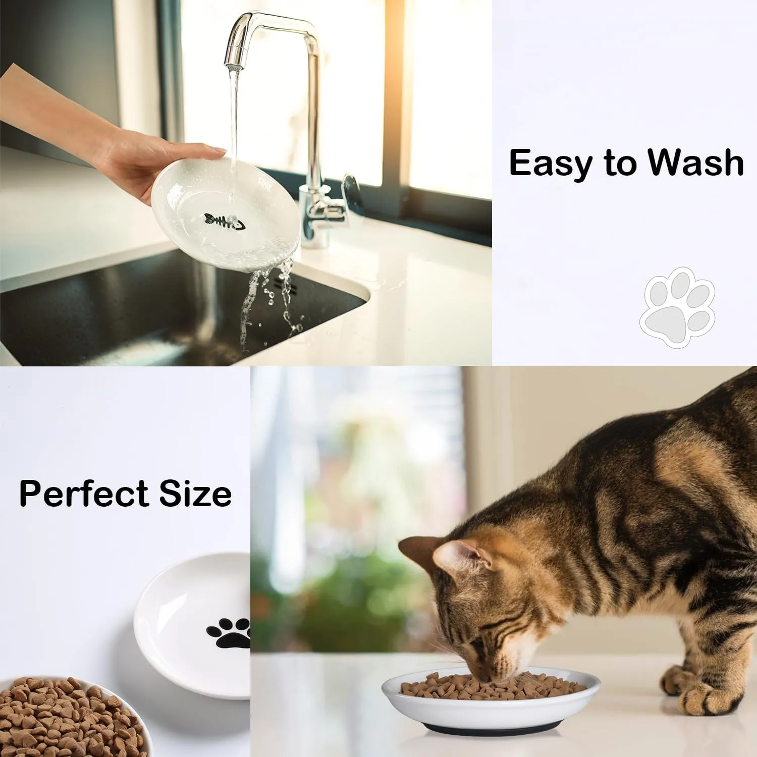 5.9 inch Ceramic Cat Bowls,Wide&Shallow Dishes,Whisker-Friendly Plates with Non-Slip Silicone Bottom, Healthy Pet Feeding Bowls indoor-10oz,3pack
