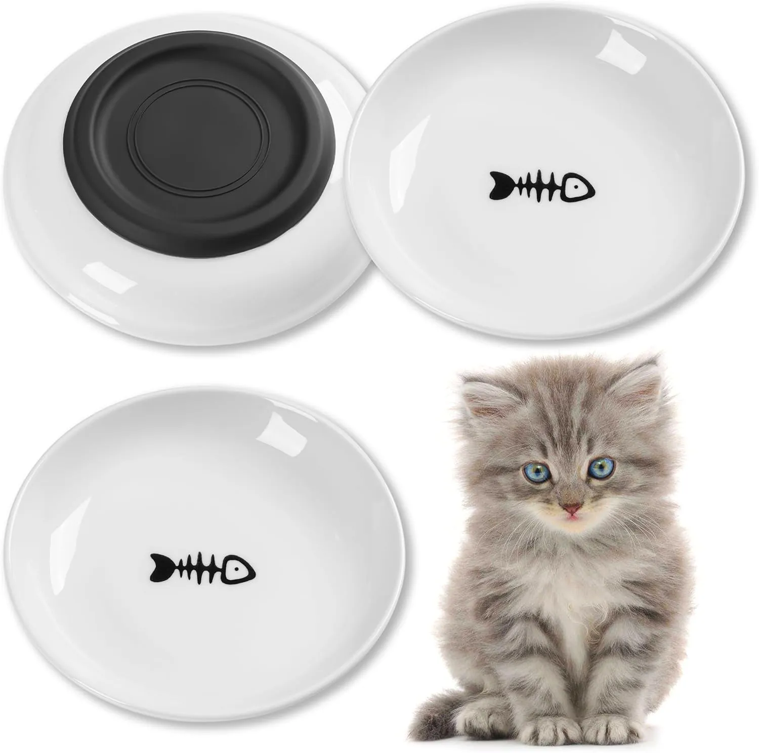5.9 inch Ceramic Cat Bowls,Wide&Shallow Dishes,Whisker-Friendly Plates with Non-Slip Silicone Bottom, Healthy Pet Feeding Bowls indoor-10oz,3pack