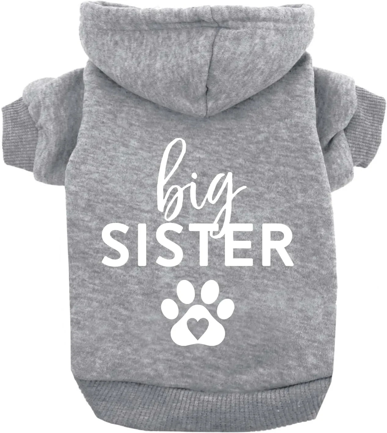 Big Sister Heart Paw Baby Announcement Dog Hoodie Fleece Lined Pullover Sweatshirt with Leash Hole (Grey, Large 86)