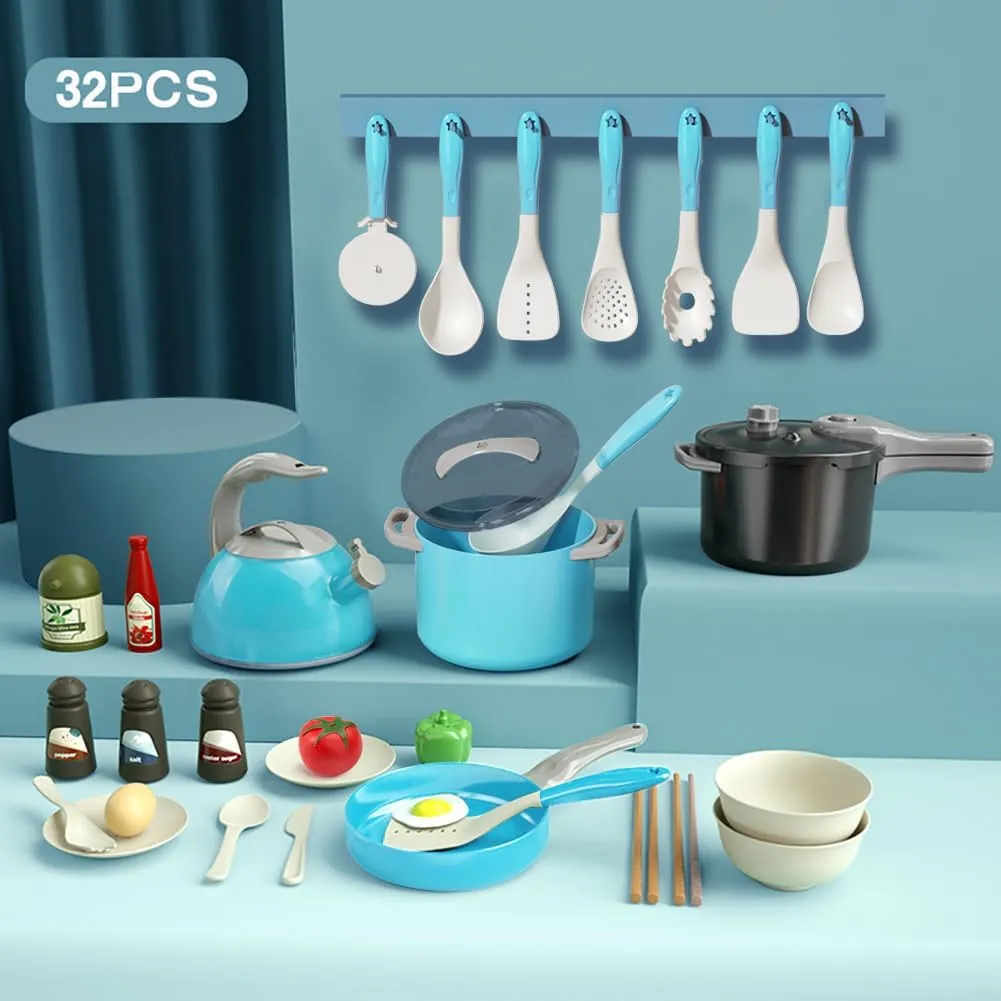 Bruvoalon 32Pcs Kids Play Kitchen Toys Set, Toddlers Pretend Cooking Playset Acccessories with Pots Pans, Utensils Cookware, Foods, Canned Veges, Learning Gift for Kids Girls Boys (Turquoise)