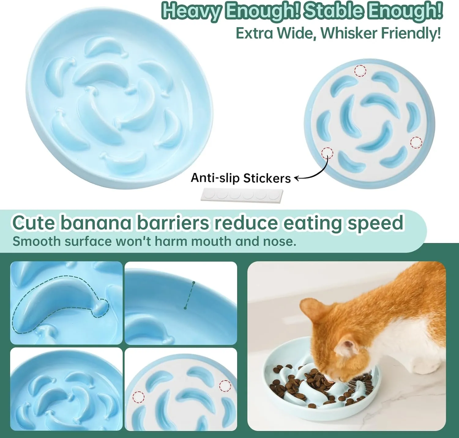 Cat Slow Feeder Bowl Set - 2 Pcs Ceramic Cat Food Plates for Slow Eating - Double Cat Dish for Dry Wet Food - Slow Feeding Cat Bowls Whisker Friendly - Microwave and Dishwasher Safe - Blue and Green