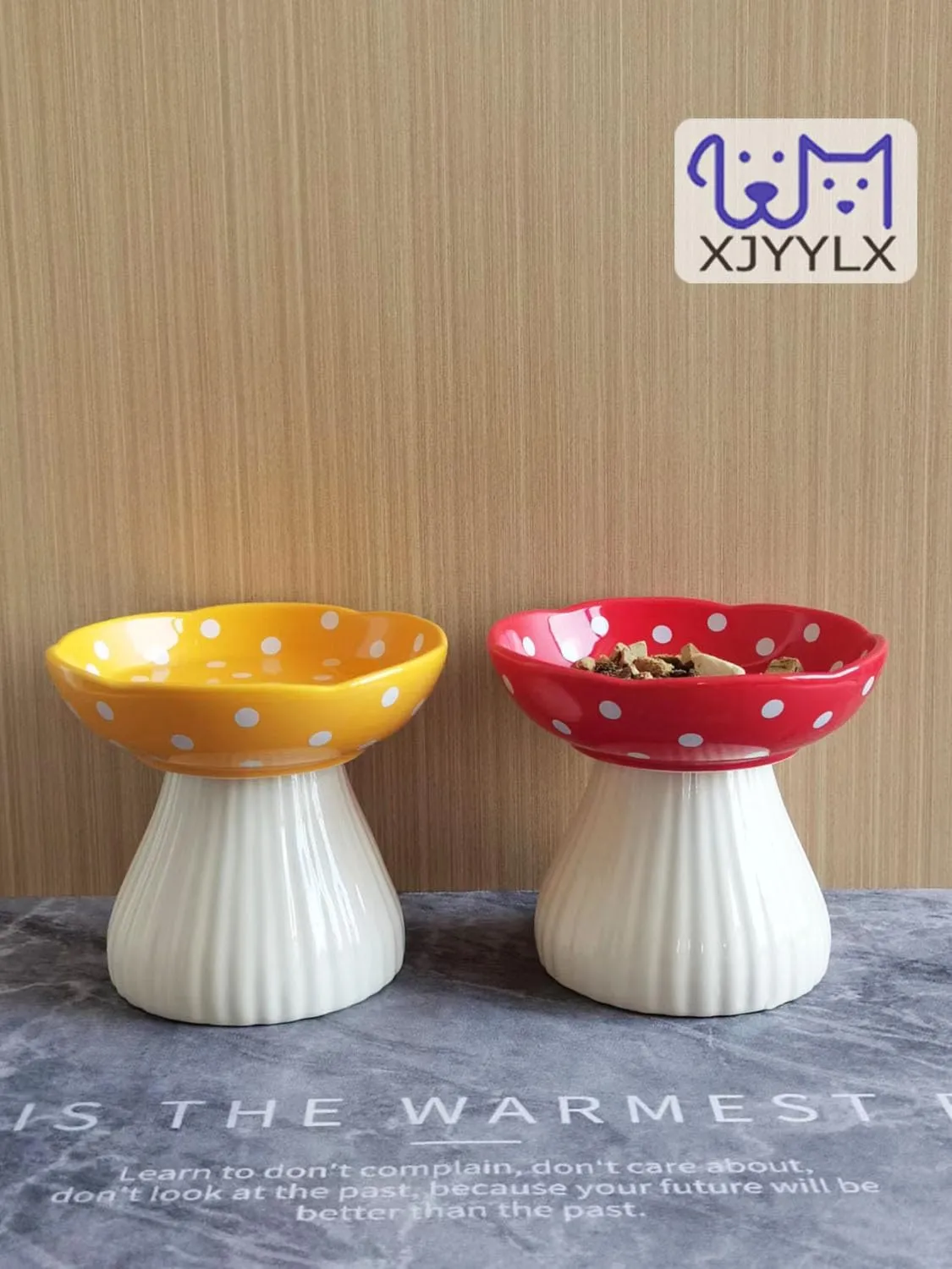 Ceramic Raised Mushroom Cat Bowl Set, Cute Elevated Cat Bowls Whisker Friendly, Raised Dish for Food and Water, Red Yellow 6" Wide for Adult Cats, Small Dog