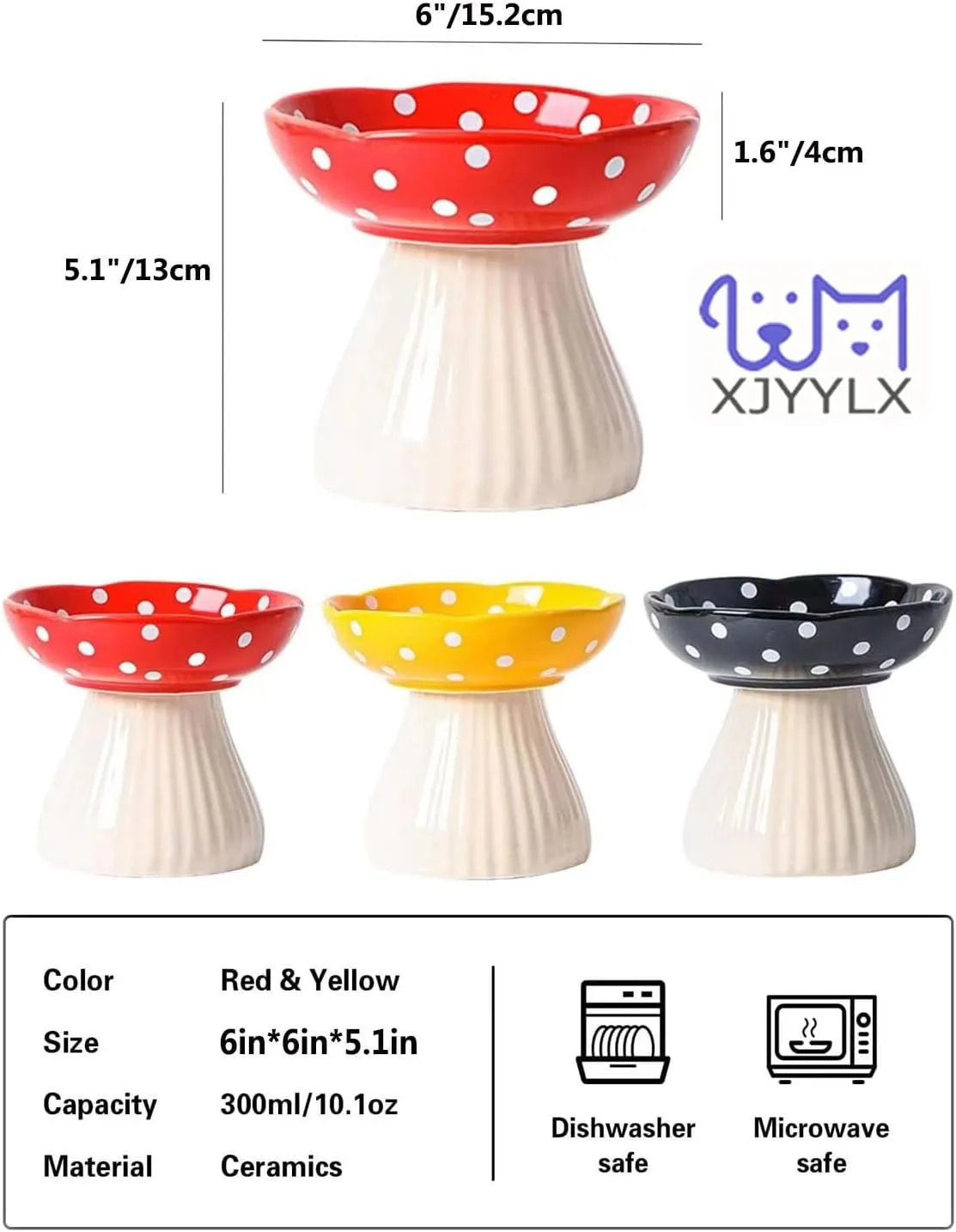 Ceramic Raised Mushroom Cat Bowl Set, Cute Elevated Cat Bowls Whisker Friendly, Raised Dish for Food and Water, Red Yellow 6" Wide for Adult Cats, Small Dog