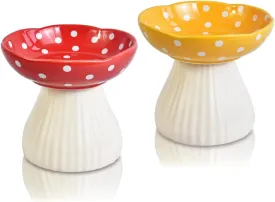 Ceramic Raised Mushroom Cat Bowl Set, Cute Elevated Cat Bowls Whisker Friendly, Raised Dish for Food and Water, Red Yellow 6" Wide for Adult Cats, Small Dog