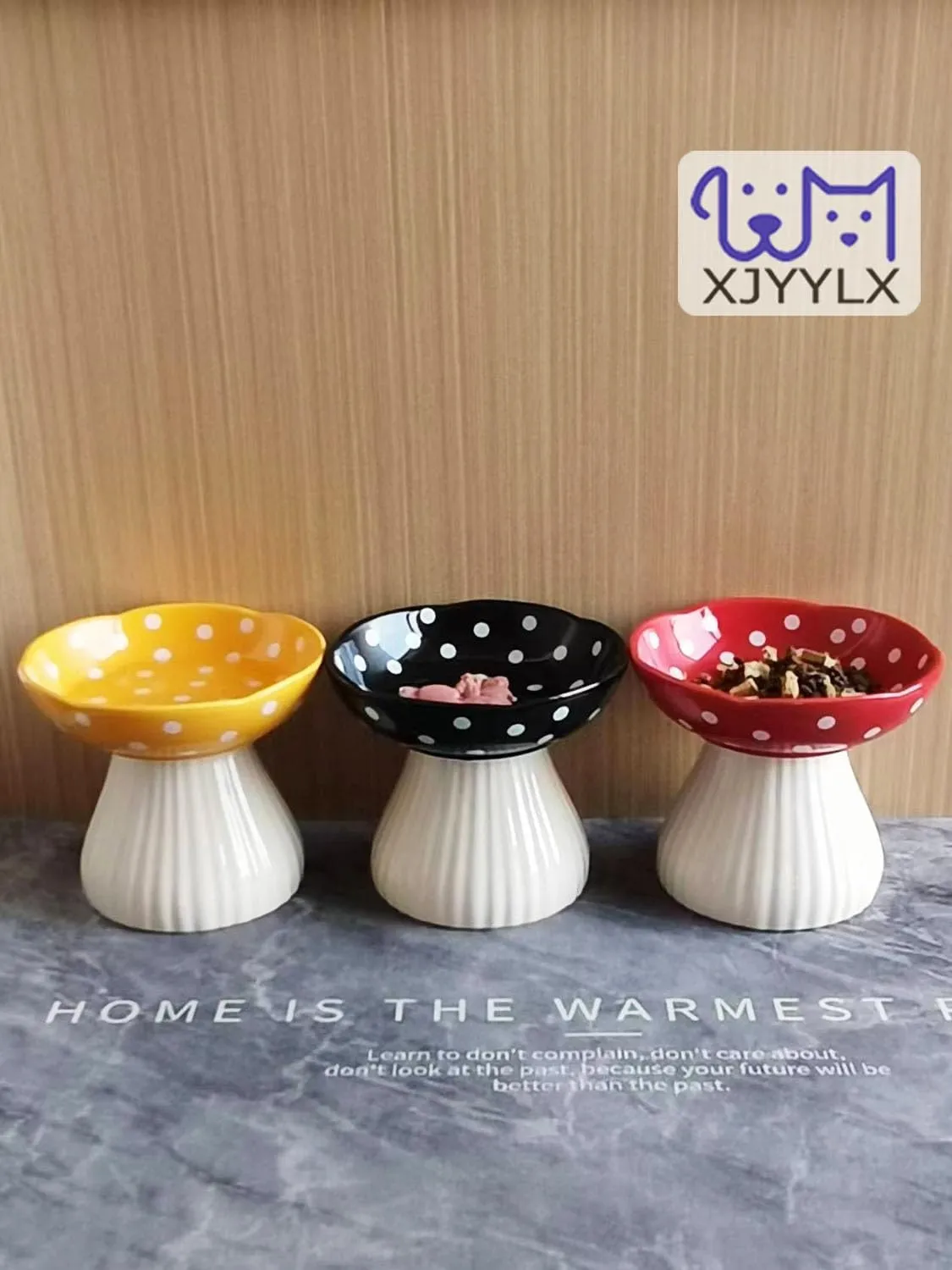 Ceramic Raised Mushroom Cat Bowl Set, Cute Elevated Cat Bowls Whisker Friendly, Raised Dish for Food and Water, Red Yellow 6" Wide for Adult Cats, Small Dog
