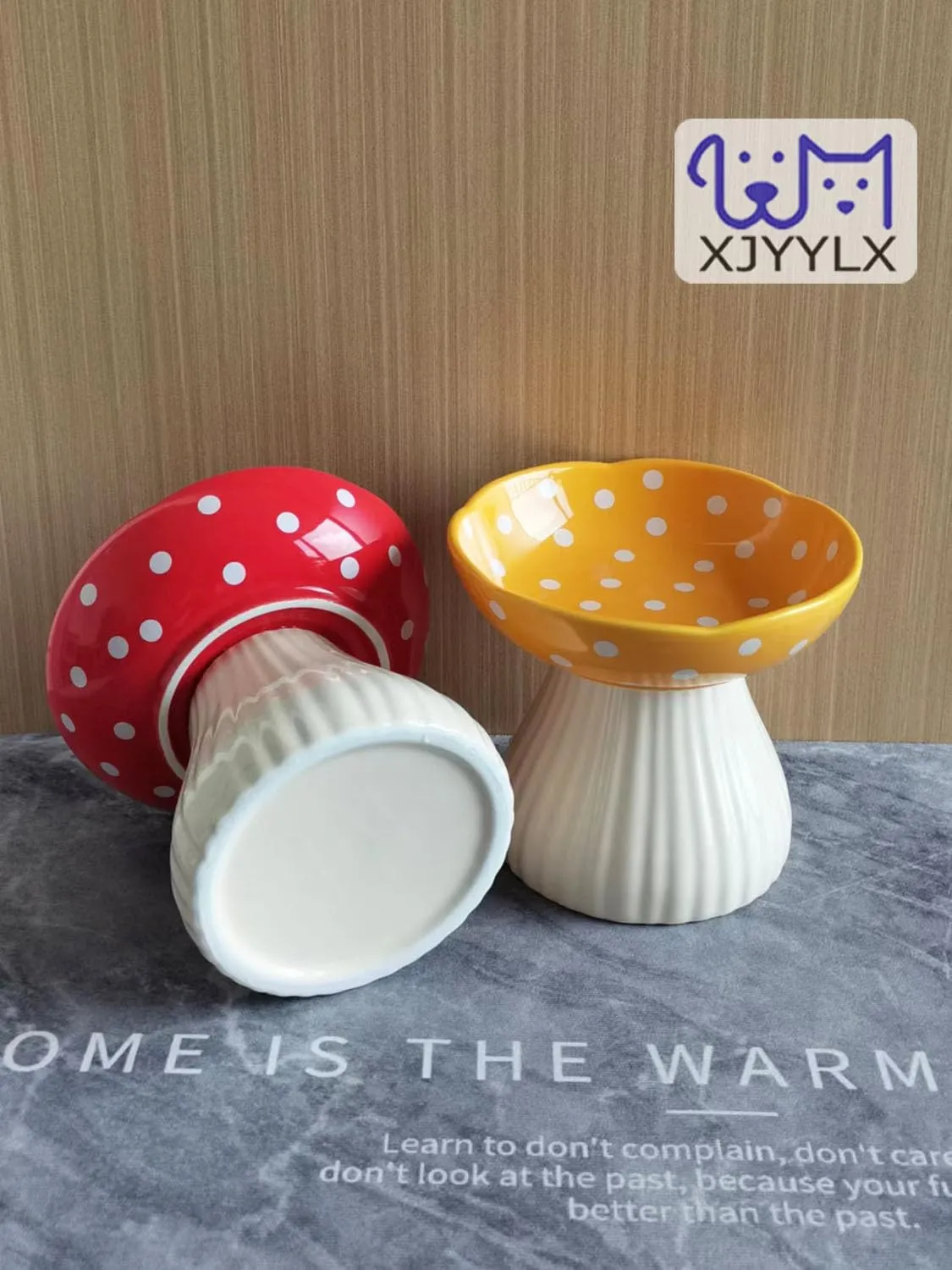 Ceramic Raised Mushroom Cat Bowl Set, Cute Elevated Cat Bowls Whisker Friendly, Raised Dish for Food and Water, Red Yellow 6" Wide for Adult Cats, Small Dog