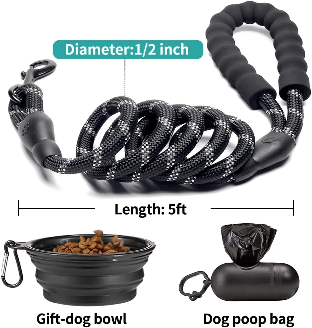COOYOO 2 Pack Dog Leash 5 FT Heavy Duty - Comfortable Padded Handle - Reflective Dog Leash for Medium Large Dogs with Collapsible Pet Bowl