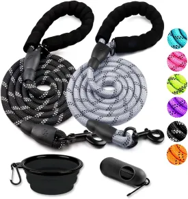 COOYOO 2 Pack Dog Leash 5 FT Heavy Duty - Comfortable Padded Handle - Reflective Dog Leash for Medium Large Dogs with Collapsible Pet Bowl