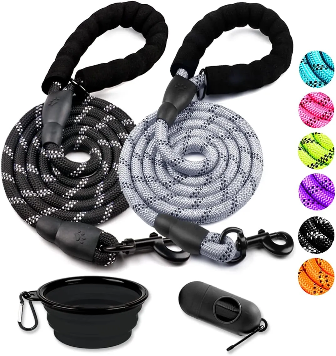 COOYOO 2 Pack Dog Leash 5 FT Heavy Duty - Comfortable Padded Handle - Reflective Dog Leash for Medium Large Dogs with Collapsible Pet Bowl