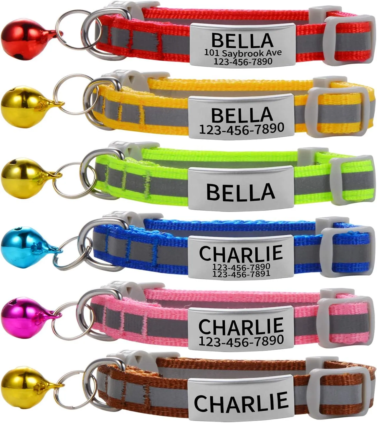 Custom Breakaway Cat Collars with Bell - Engraved Stainless Steel No Noise Slide-On Identification Tags On Collar - Up to 3 Lines of Personalized Text (Reflection)