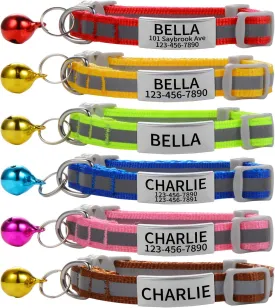 Custom Breakaway Cat Collars with Bell - Engraved Stainless Steel No Noise Slide-On Identification Tags On Collar - Up to 3 Lines of Personalized Text (Reflection)