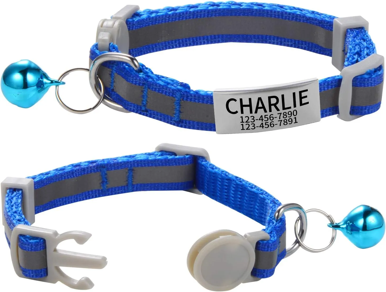 Custom Breakaway Cat Collars with Bell - Engraved Stainless Steel No Noise Slide-On Identification Tags On Collar - Up to 3 Lines of Personalized Text (Reflection)