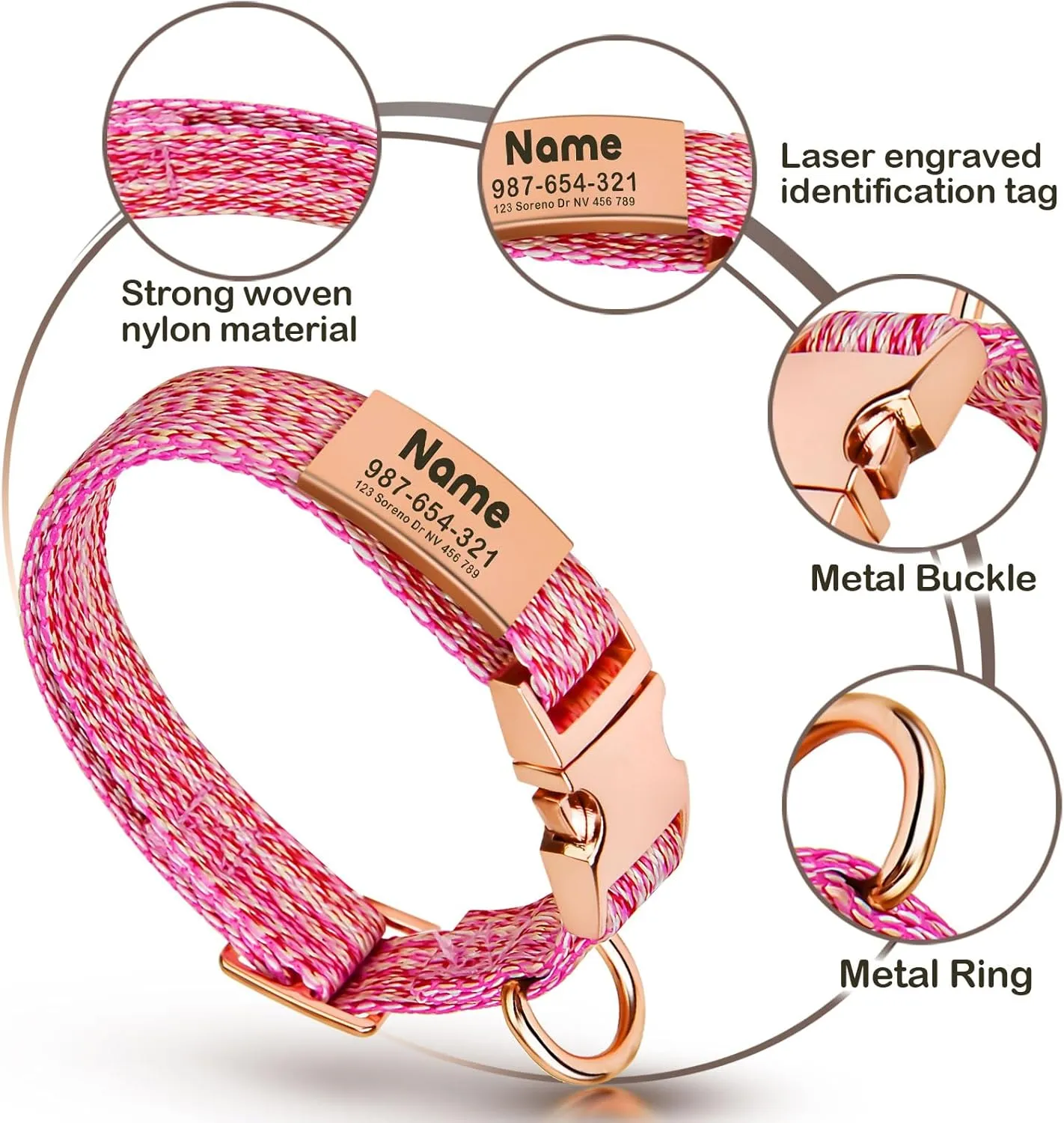 Custom Personalized Dog Collar with ID Tag - Thin, Soft, and Durable Cute for Puppy & Kitten Collars - Metal Buckle Engraved Pet Tag with Name - Female, Girl, Boy Cat and Dog Adjustable Collar Medium