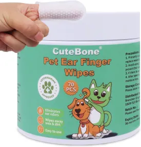 CuteBone Pet Ear Finger Wipes 70 Count - Gentle and Effective Ear Cleaning Wipes for Dogs and Cats, Removes Wax, Dirt, and Odor, Prevents Ear Infections, Natural Ingredients, Safe and Easy to Use