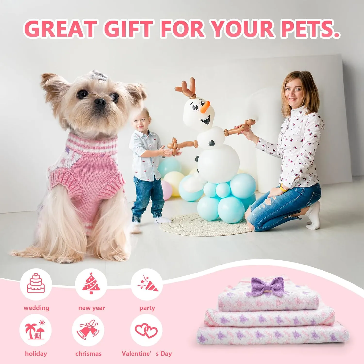 Dog Knitted Sweater Puppy Sweater Warm Soft Pet Holiday Clothes for Small Medium Dogs and Cats Sweaters (Pink, XL)