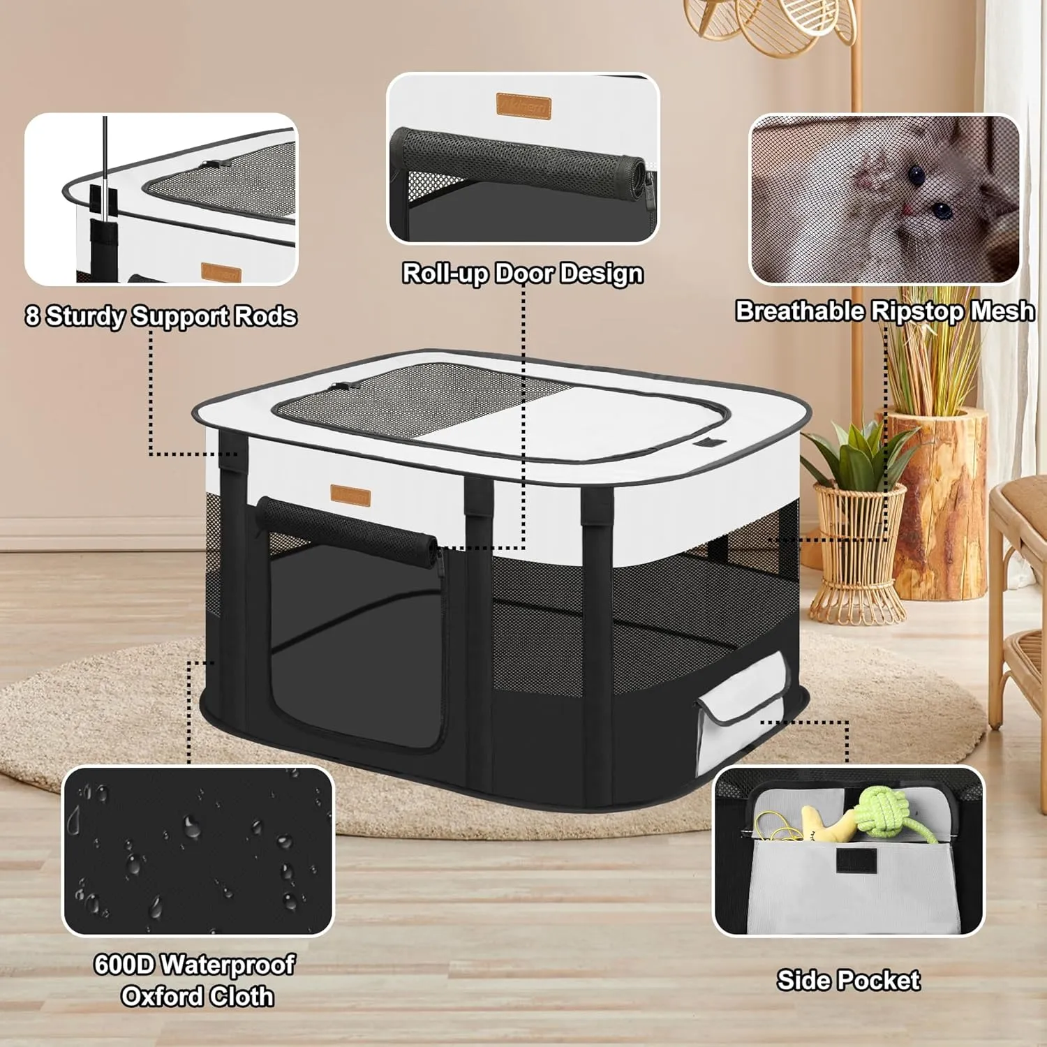Dog Playpen - Foldable Cat Play Pens for Pubby, Kitten, Rabbit, Portable Pet Tent with Carring Bag for Indoor/Outdoor Travel Camping (Black-Medium)