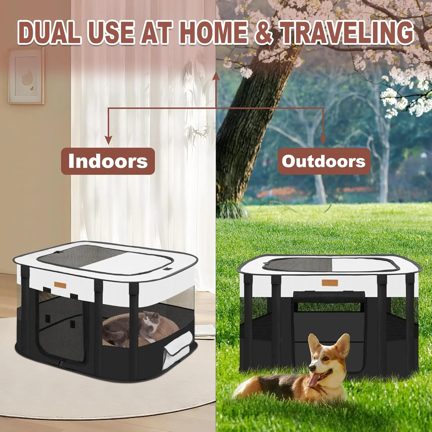 Dog Playpen - Foldable Cat Play Pens for Pubby, Kitten, Rabbit, Portable Pet Tent with Carring Bag for Indoor/Outdoor Travel Camping (Black-Medium)