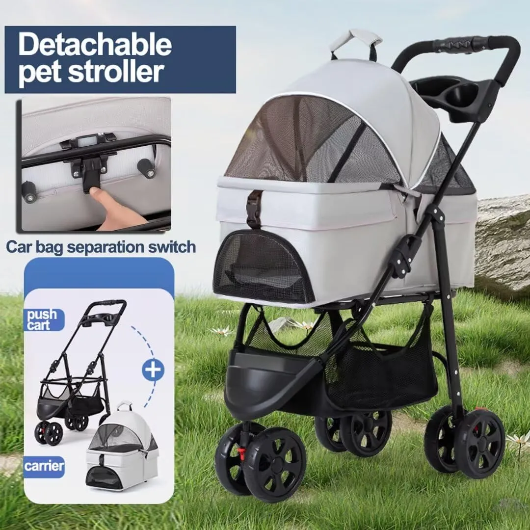 Dog Pram Dog Pushchair,Pet Stroller with Detachable Cabin Bag,3 Wheels pet pram cart for Dogs and Cats,Foldable pet Trolley,Swivel Front Wheel,Rear Wheel with Foot Brakes,Front and Back Open