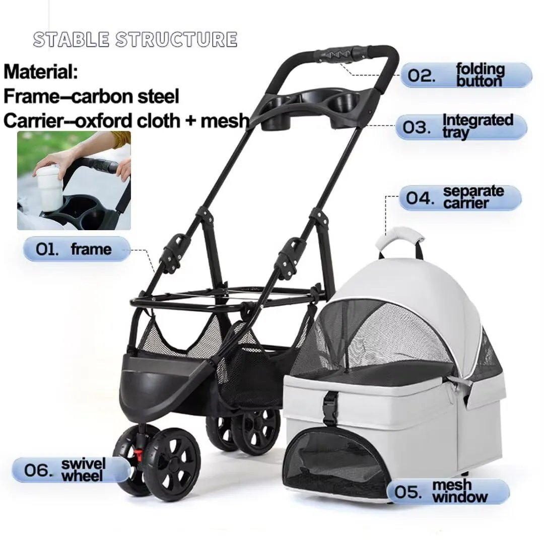 Dog Pram Dog Pushchair,Pet Stroller with Detachable Cabin Bag,3 Wheels pet pram cart for Dogs and Cats,Foldable pet Trolley,Swivel Front Wheel,Rear Wheel with Foot Brakes,Front and Back Open