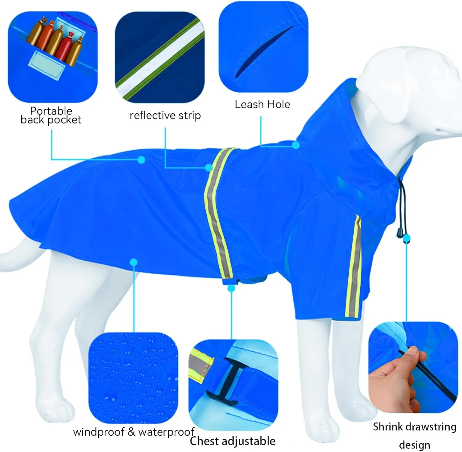 Dog Raincoat, Adjustable Drawstring Dog Rain Jacket for Large Medium Dogs, Waterproof Dog Hooded Poncho with Reflective Stripe (Blue, XL)