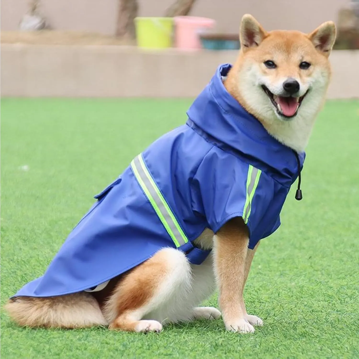 Dog Raincoat, Adjustable Drawstring Dog Rain Jacket for Large Medium Dogs, Waterproof Dog Hooded Poncho with Reflective Stripe (Blue, XL)