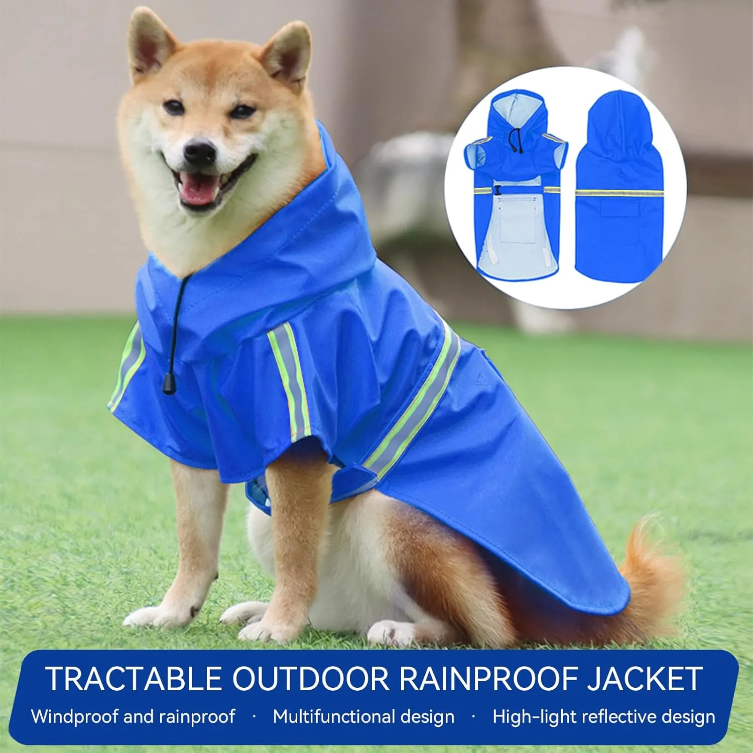 Dog Raincoat, Adjustable Drawstring Dog Rain Jacket for Large Medium Dogs, Waterproof Dog Hooded Poncho with Reflective Stripe (Blue, XL)