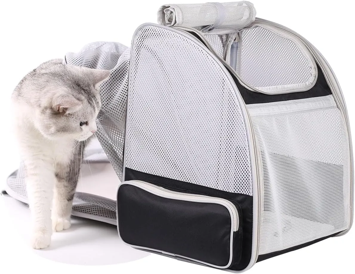 Expandable Pet Carrier for Cats and Small Dogs,Ventilated Carrier Backpacks Bag with Comfortable Shoulder Straps, Airline Approved Pet Carriers for Small Dogs Kitten Puppy (Black, Mesh Back Extension)