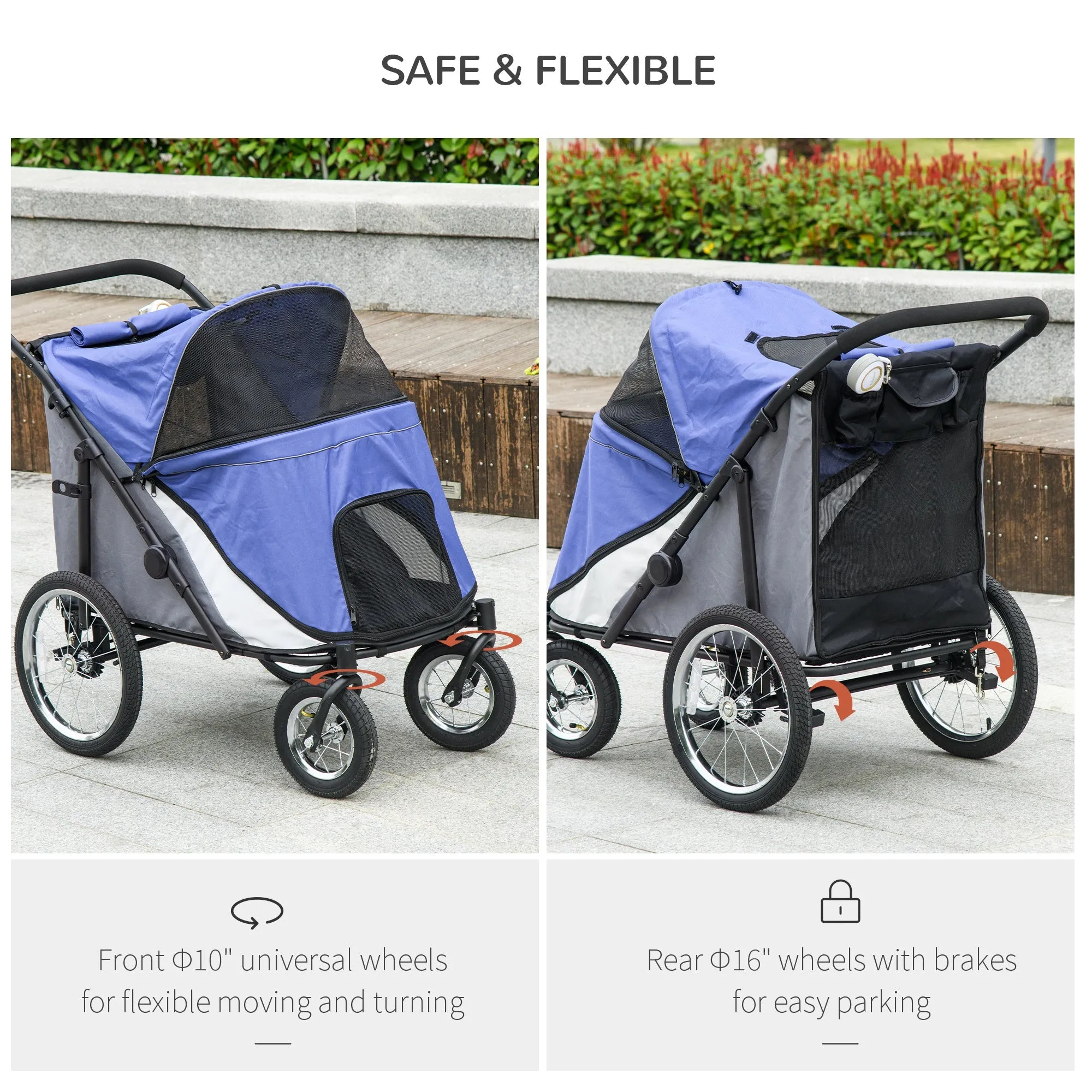 Foldable Pet Stroller with Washable Cushion Storage Bags Safety Leash for Medium Large Dogs Catts Travel - Blue