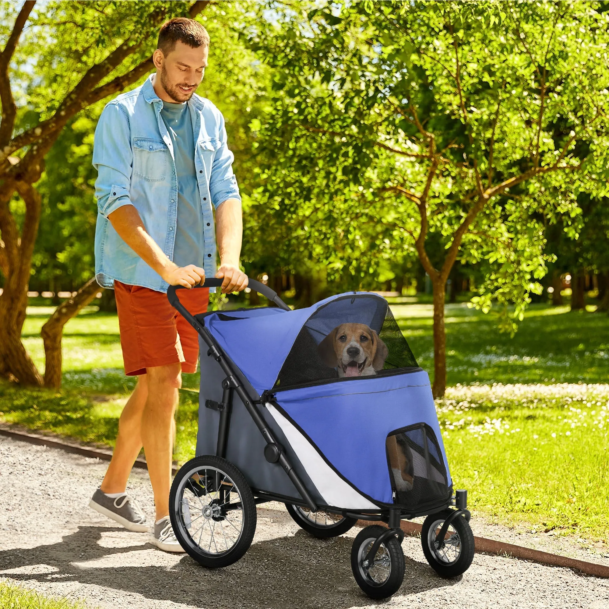 Foldable Pet Stroller with Washable Cushion Storage Bags Safety Leash for Medium Large Dogs Catts Travel - Blue