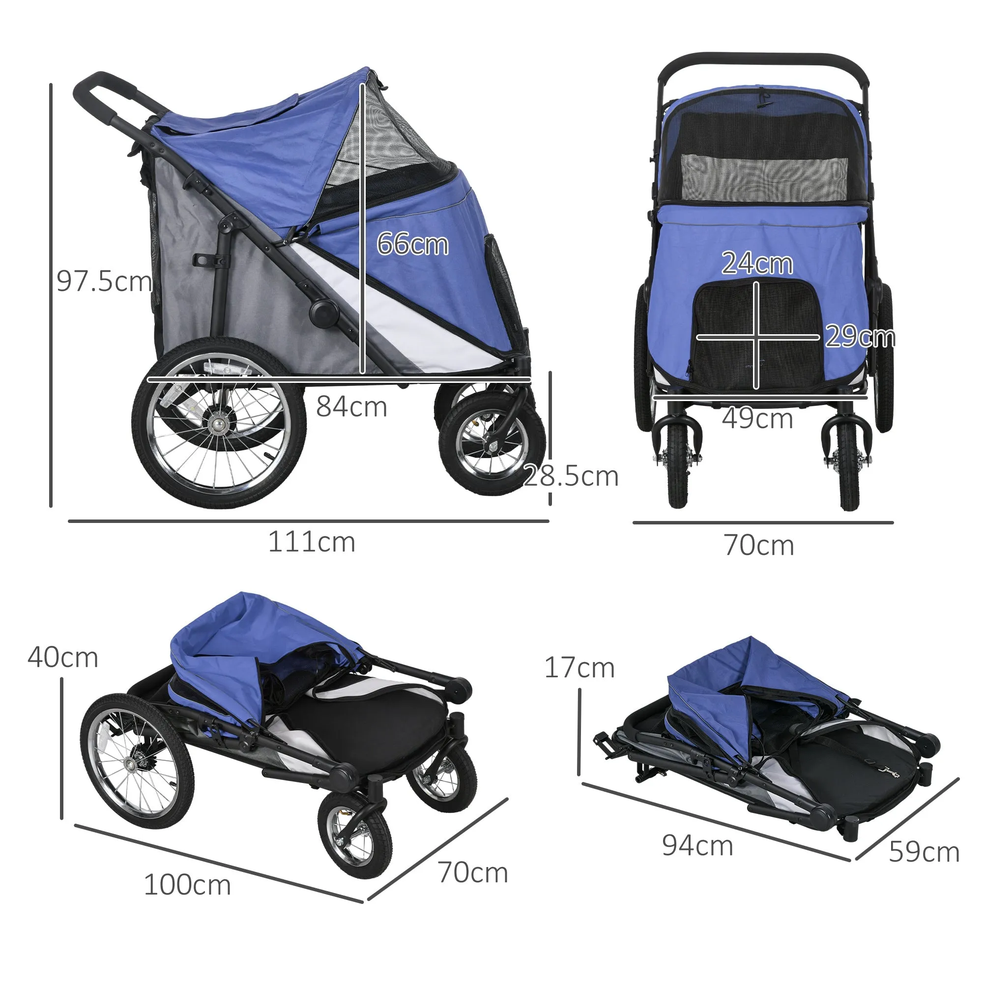 Foldable Pet Stroller with Washable Cushion Storage Bags Safety Leash for Medium Large Dogs Catts Travel - Blue