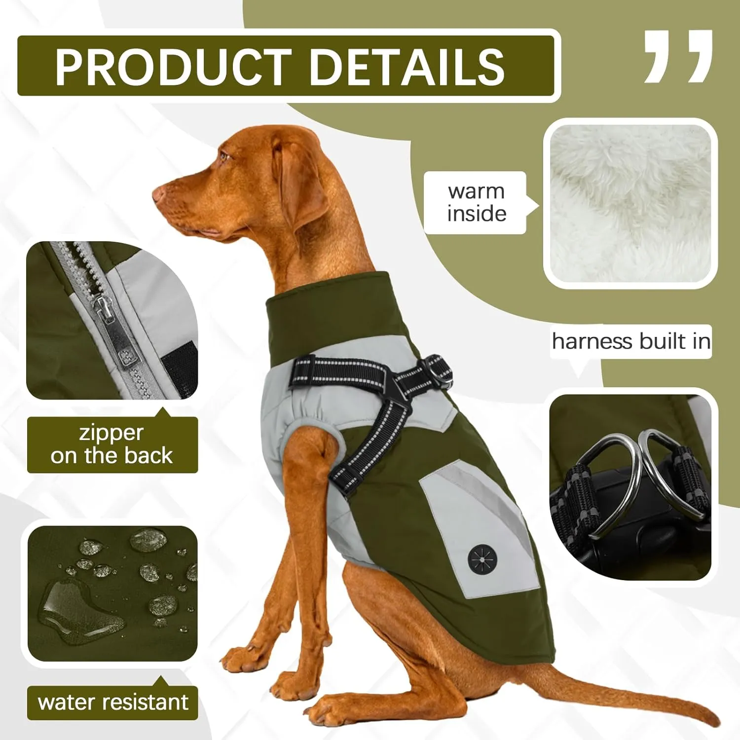 FUAMEY Dog Jacket - Waterproof Winter Coat with Zipper - Reflective Vest for Large Dogs - Green L