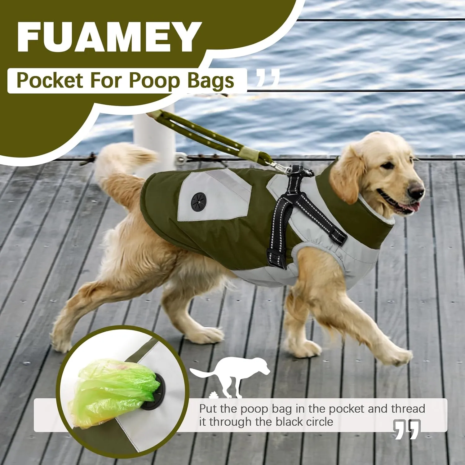 FUAMEY Dog Jacket - Waterproof Winter Coat with Zipper - Reflective Vest for Large Dogs - Green L