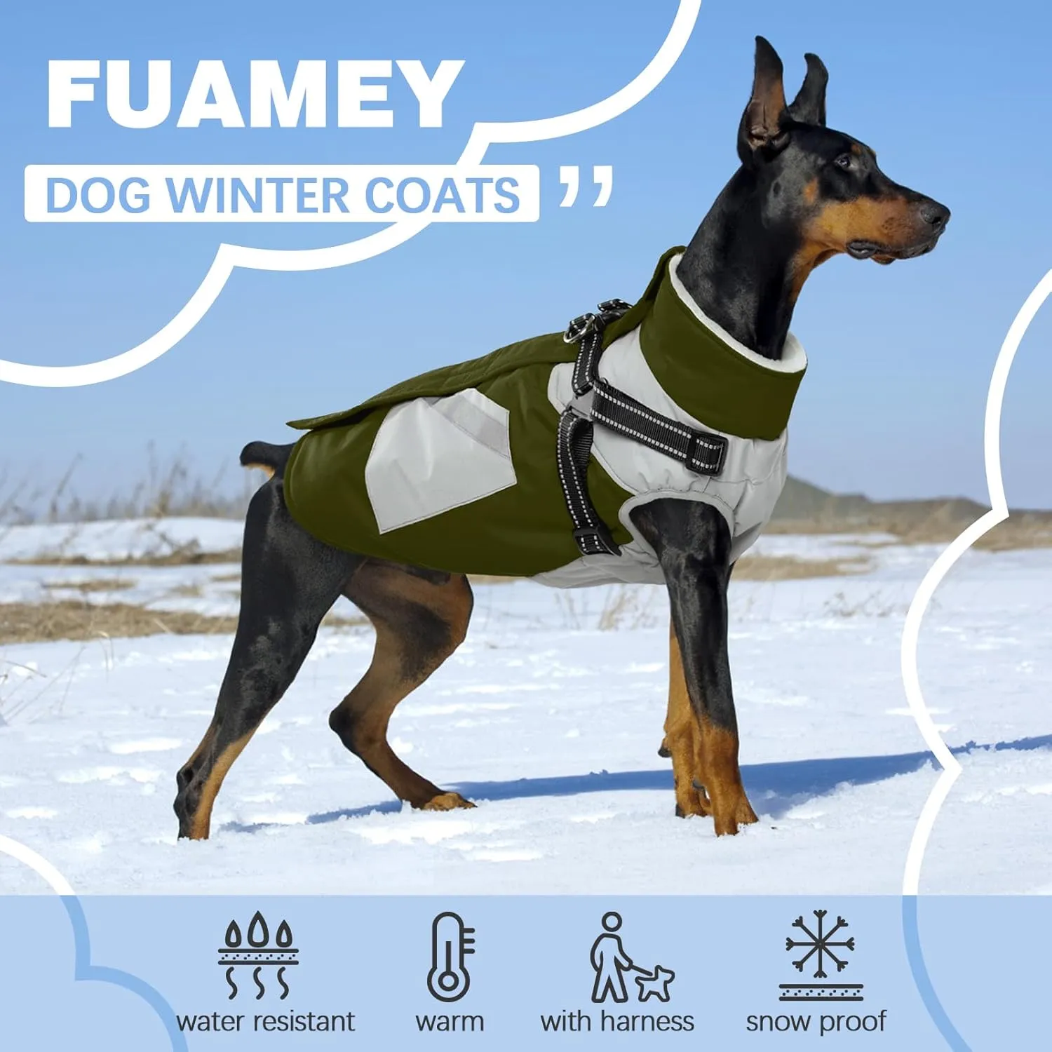 FUAMEY Dog Jacket - Waterproof Winter Coat with Zipper - Reflective Vest for Large Dogs - Green L