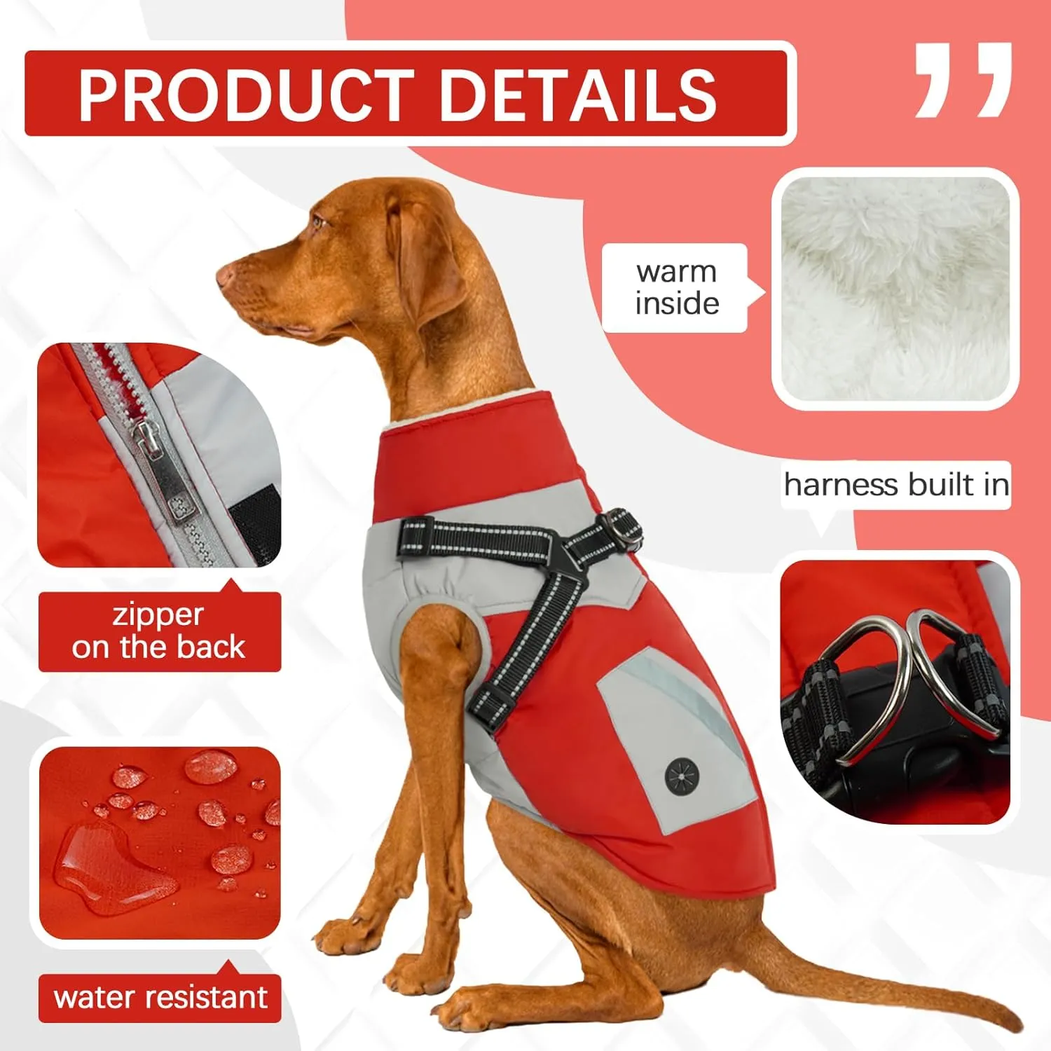 FUAMEY Jacket with Built-in Harness - Waterproof Winter Coat for Dogs - Zipper On Back, Snowsuit Pet Clothes, Poop Bag Pockets, Reflective Vest for Large Dogs - Red L