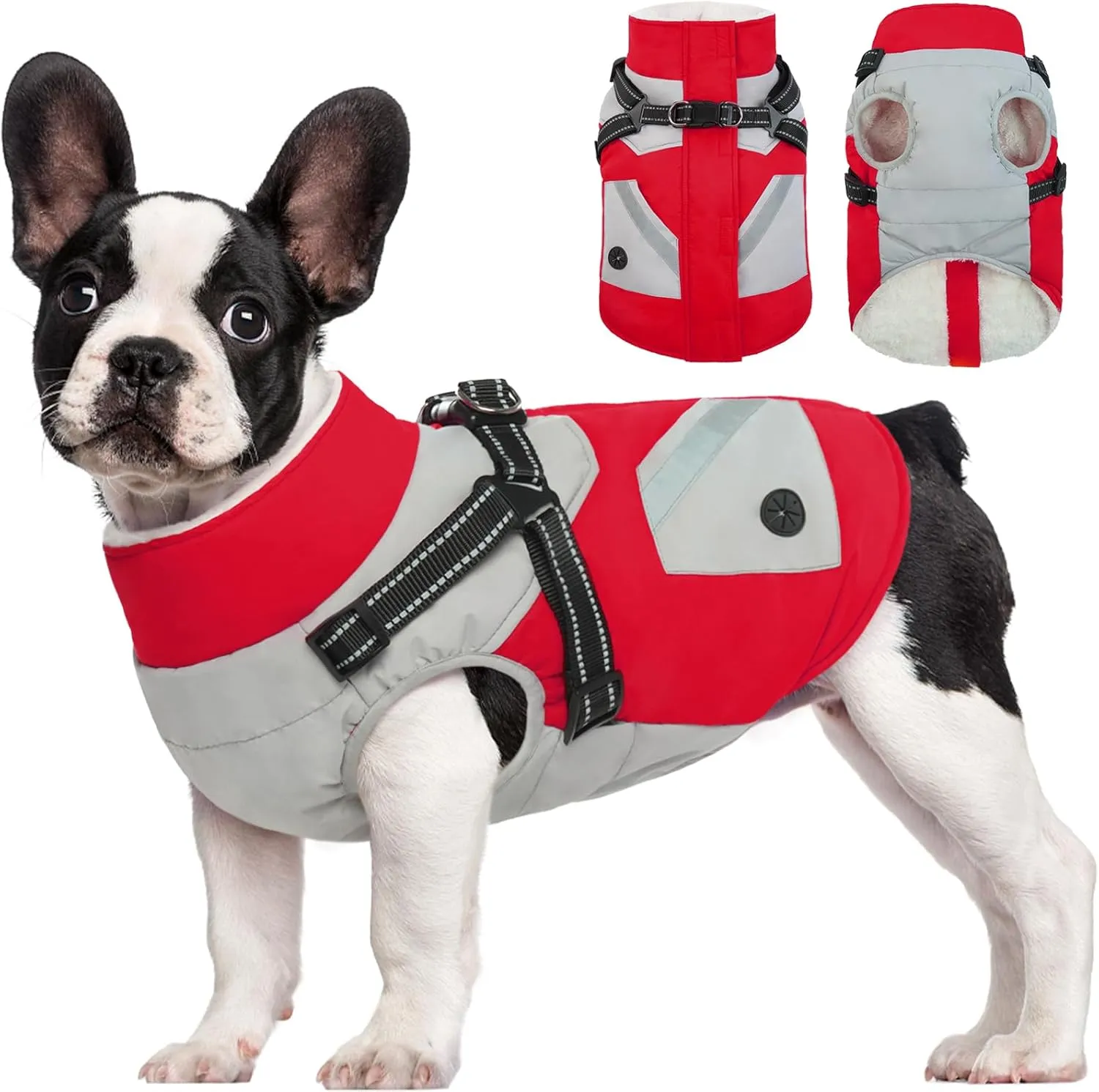 FUAMEY Jacket with Built-in Harness - Waterproof Winter Coat for Dogs - Zipper On Back, Snowsuit Pet Clothes, Poop Bag Pockets, Reflective Vest for Large Dogs - Red L