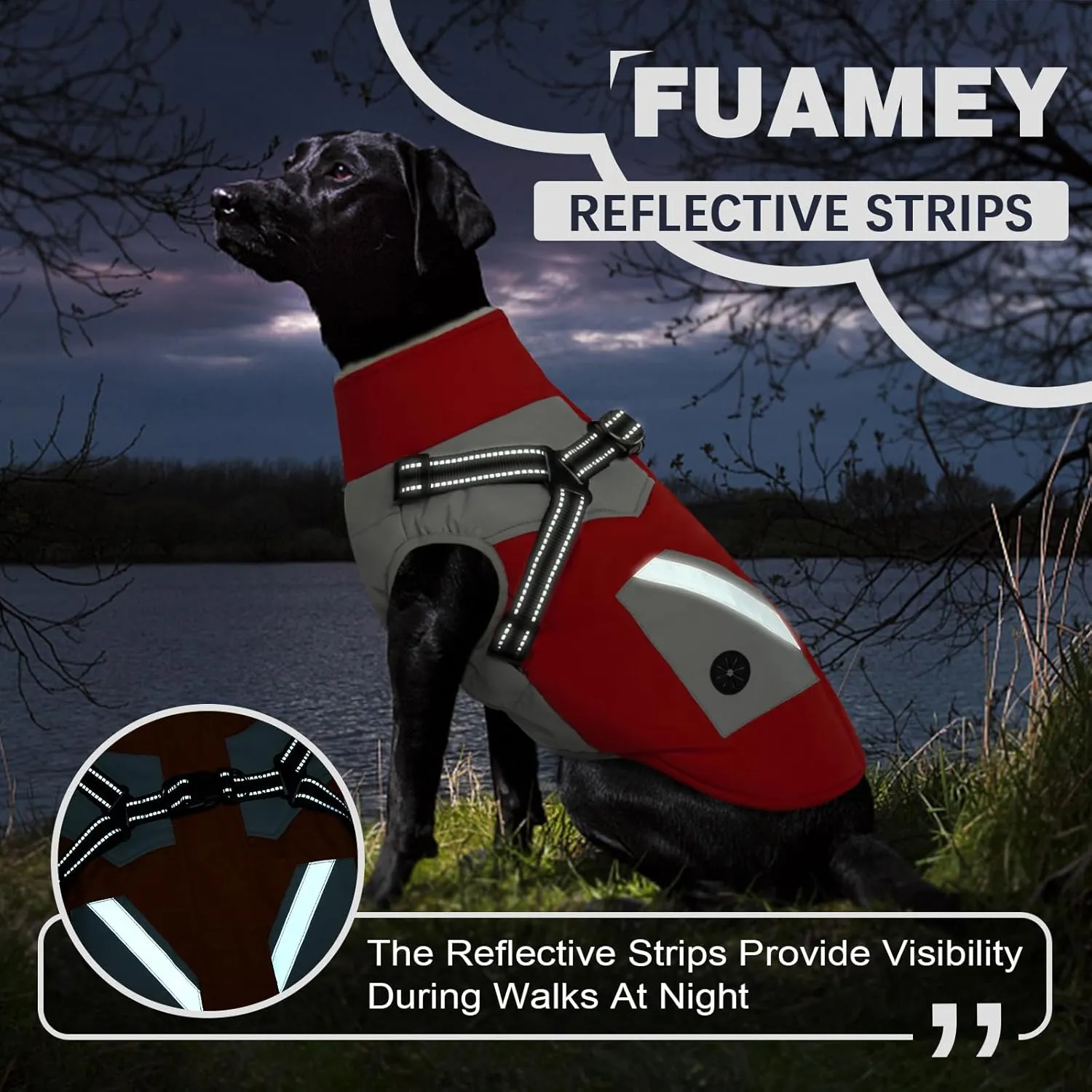 FUAMEY Jacket with Built-in Harness - Waterproof Winter Coat for Dogs - Zipper On Back, Snowsuit Pet Clothes, Poop Bag Pockets, Reflective Vest for Large Dogs - Red L