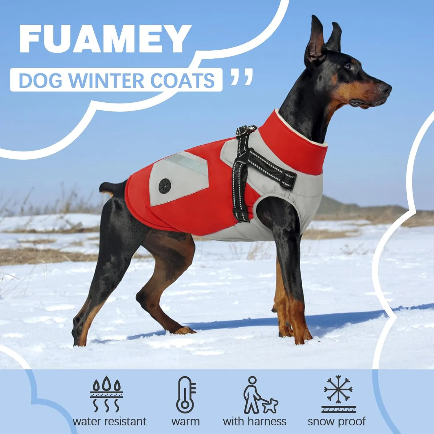 FUAMEY Jacket with Built-in Harness - Waterproof Winter Coat for Dogs - Zipper On Back, Snowsuit Pet Clothes, Poop Bag Pockets, Reflective Vest for Large Dogs - Red L