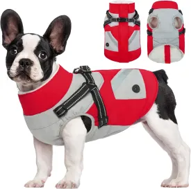 FUAMEY Jacket with Built-in Harness - Waterproof Winter Coat for Dogs - Zipper On Back, Snowsuit Pet Clothes, Poop Bag Pockets, Reflective Vest for Large Dogs - Red L
