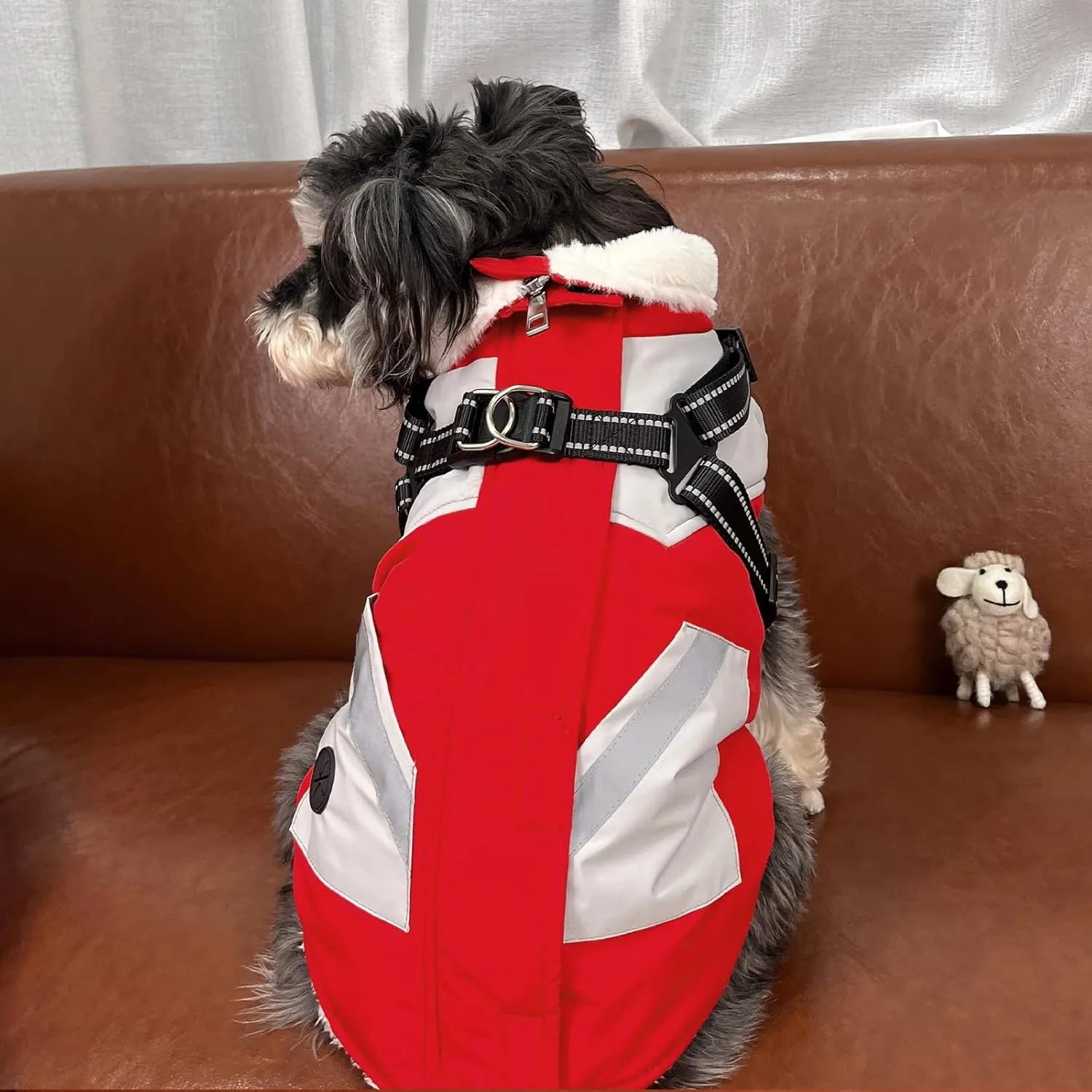 FUAMEY Jacket with Built-in Harness - Waterproof Winter Coat for Dogs - Zipper On Back, Snowsuit Pet Clothes, Poop Bag Pockets, Reflective Vest for Large Dogs - Red L