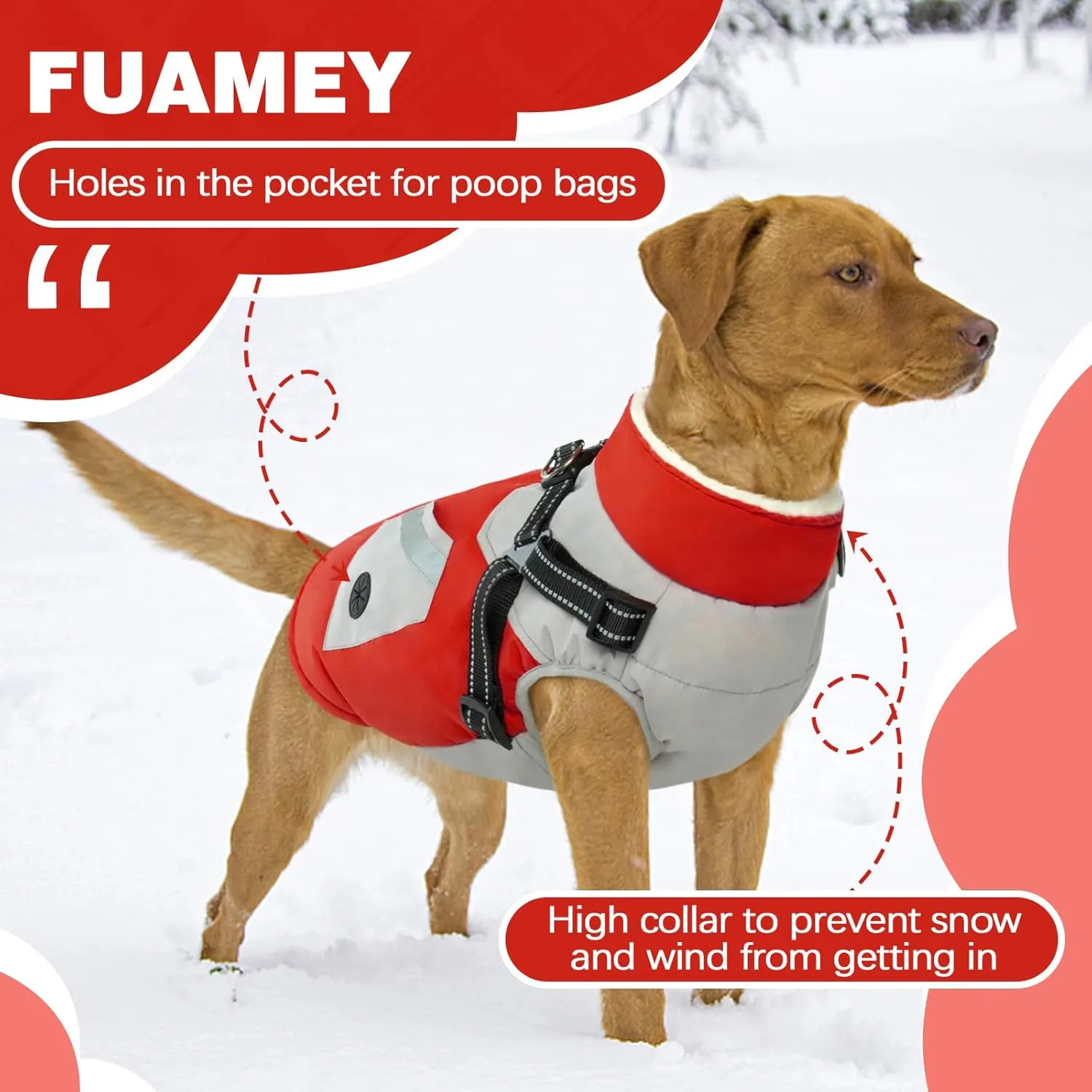 FUAMEY Jacket with Built-in Harness - Waterproof Winter Coat for Dogs - Zipper On Back, Snowsuit Pet Clothes, Poop Bag Pockets, Reflective Vest for Large Dogs - Red L