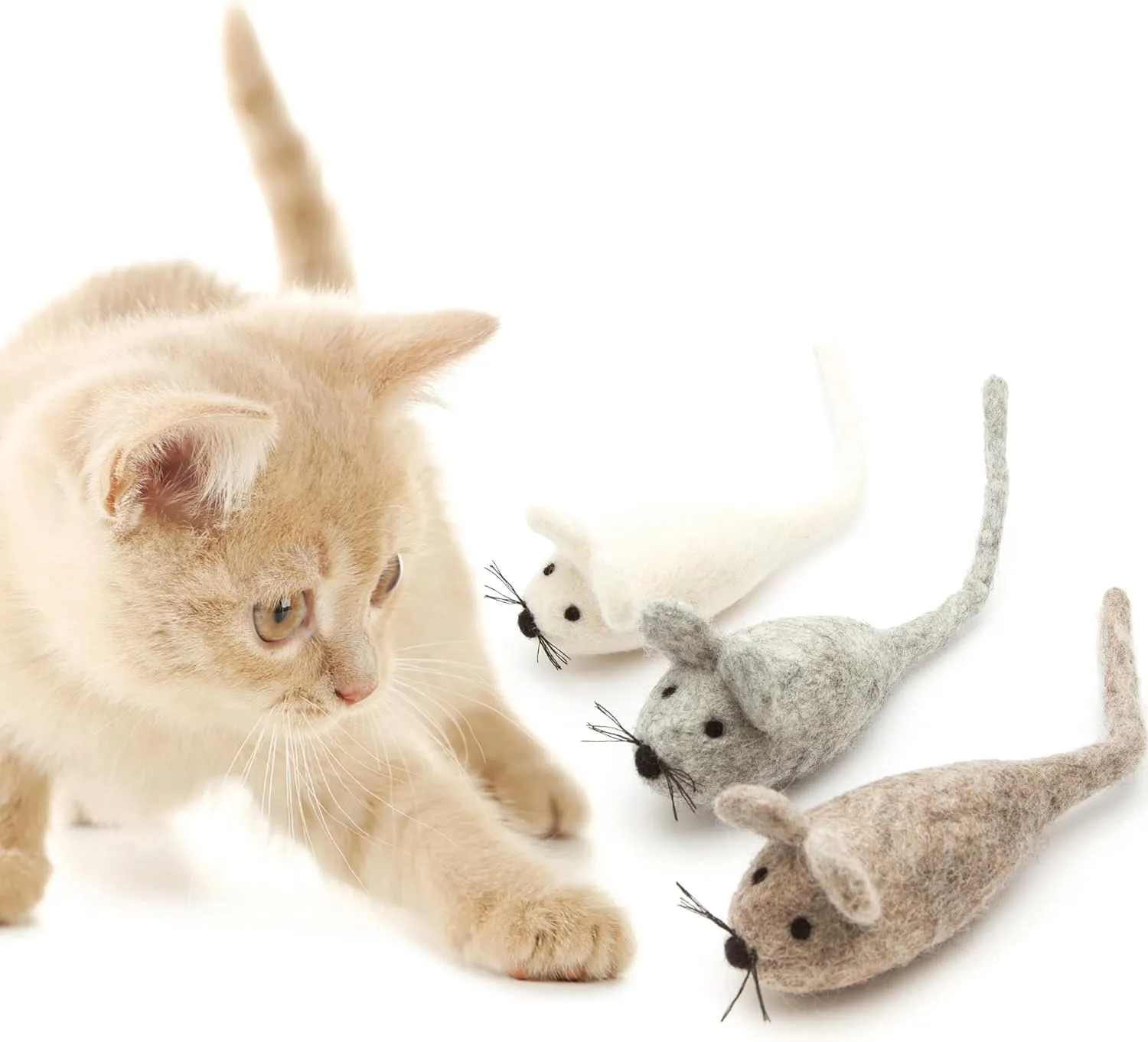 Glaciart One Felt Mouse Cat Toy  3 Pcs | Soft Fuzzy Enrichment 100% Natural Wool - Interactive Catnip Play Cat Toy Set - Safe for Pets, Non-AZO Colored Dyes