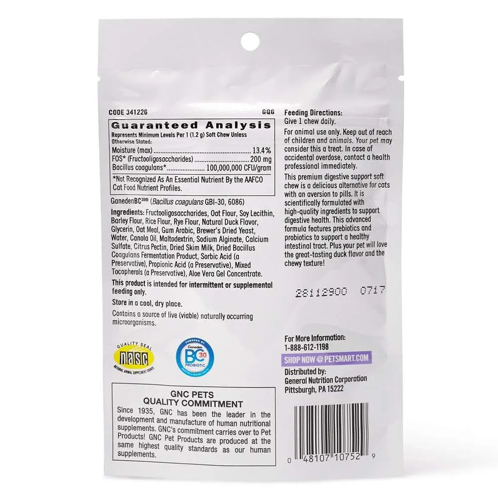 GNC Pets Ultra Mega Digestive Support Duck-Flavour Soft Chews Cat Supplement 30ct