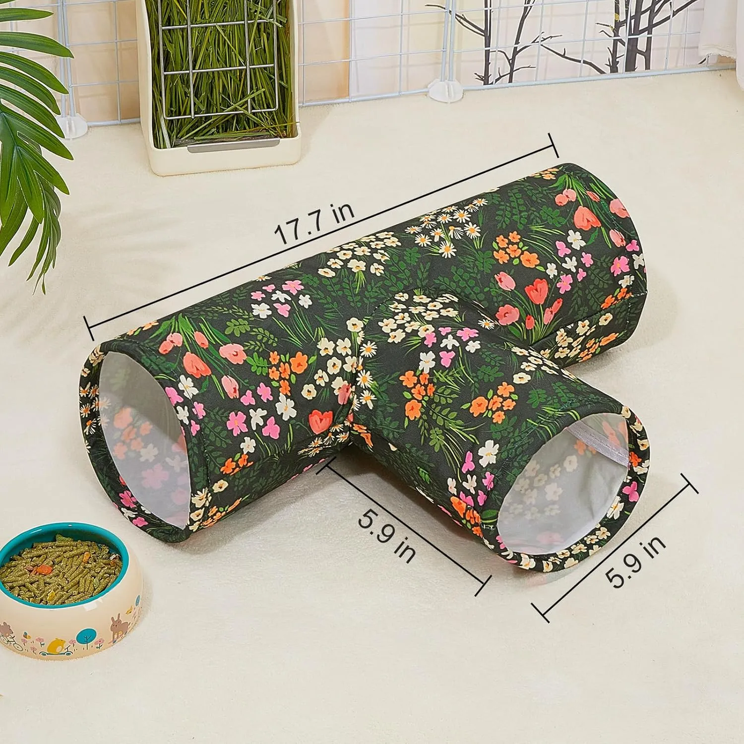 Guinea Pig Tunnel, Collapsible 3 Way Guinea Pigs Hideout Washable Rabbit Tunnel with Chew Toys Rabbit Toys for Guinea Pig Cage Accessories